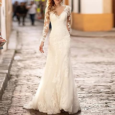 Ryanbem Vestido de Novia para Boda Civil Largo Cuello en V A-Línea Elegante Manga Larga Tul Encaje Apliques Vestidos de Novia con Cola Ivory Plus 50 Cover