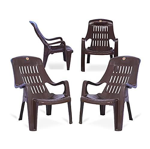 Image of Oaknest Unboxing Furniture Celloo Premium Plastic Relaxing Chair with Armrests | Ergonomic High-Back Lounge Seating for Home, Garden & Balcony (Brown), Count of 4