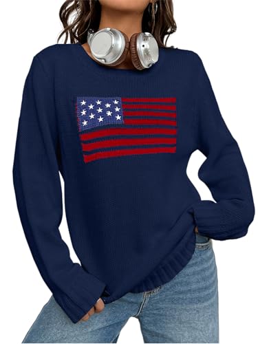 SweatyRocks Women's Flag Pattern Long Sleeve Round Neck Sweater Casual Loose Pullover Sweater