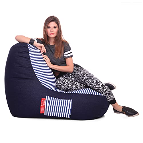 Image of Style Homez Urban Design Denim Canvas Stripes Printed Chair Bean Bag XXL Size Filled with Beans Fillers