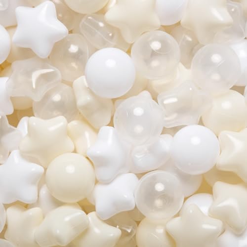 TRENDPLAY Star Ball Pit Balls for Toddlers - 200 Count Star Balls Different Shapes, Non-Toxic Plastic Balls for Safe Play, Boys Girls Festival Party Decoration, Beige+ Clear