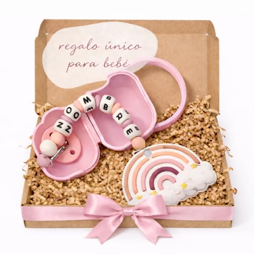 PEQUEANDO Sujetatetinas Cadena Personalizada con Nombre Hecho a Mano en España Regalo para Nacimiento y Baby Shower (Pack 3 Rosa)