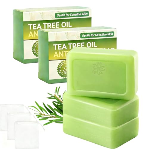 Lot de 3 savons à l'arbre à thé avec filets moussants – Savon naturel à l'huile d'arbre à thé pour le visage, le corps et les mains, parfum frais