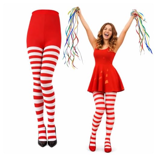 VYNZOR Gestreifte Strumpfhose Damen Rot Weiß Karneval Fasching, Elastische Rot Weiß Leggings für Clown Teufel Kostüm Valentinstag Party Cosplay Outfit Damen
