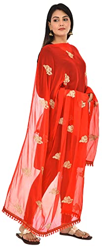 Image of YOUTHQUAKE Golden Patti Embroidered Work Chiffon Dupatta for Womens & Girls with Jaalar Lace