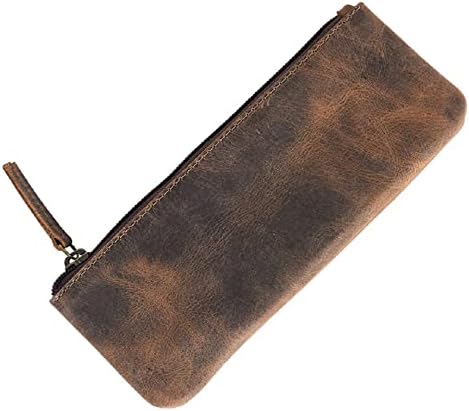 CONTACTS Genuine Leather Small Pouch Multipurpose Utility Bag Zipper Pencil Pouches Holder Aesthetic for Adults Men Women Boys Coin Purse Money I Pen I Key I Tool Jewelry Bag - Hunter Brown