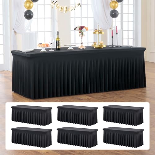 Image of 6 Pack Black Fitted Spandex Table Cloth Rectangle 8ft, Wrinkle Free High-Stretch Skirted Tablecloths for 8 Foot Rectangle Tables, Decor Parties Weddings Birthday Banquet Spandex Table Cloths Cover