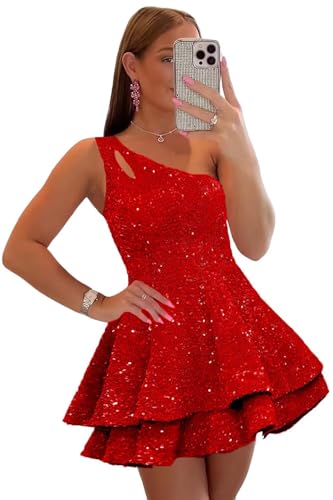 One Shoulder Sequin Homecoming Dresses 2025 Short Sparkly Tiered Cocktail Party Gown for Teens