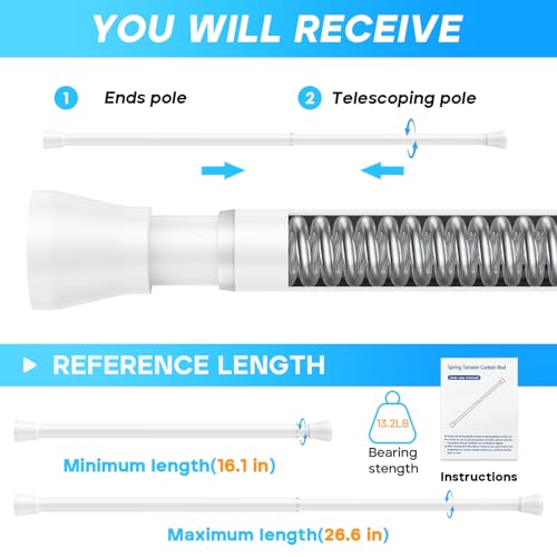 Image of White Tension Rods 16 to 26 2PCS Spring Curtain Rod No Drill Small Tension Rod Tension Curtain Rod Adjustable Curtain Rod Tension for Bookshelf Diy Projects Kitchen,Cupboard,Bathroom,Wardrobe
