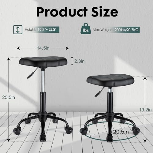 FNZIR Quadratischer Rollhocker mit Rollen, höhenverstellbar, Drehhocker, Stuhl für Salon, Massage, Spa, Schwarz