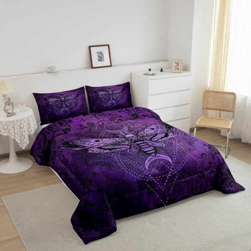 Image of Feelyou Boys Girls Purple Damask Duvet Insert Twin Size, Boho Death Moth Skull Comforter Set Gothic Decor Bedding Set Kids Teens Bedroom Decor 2Pcs