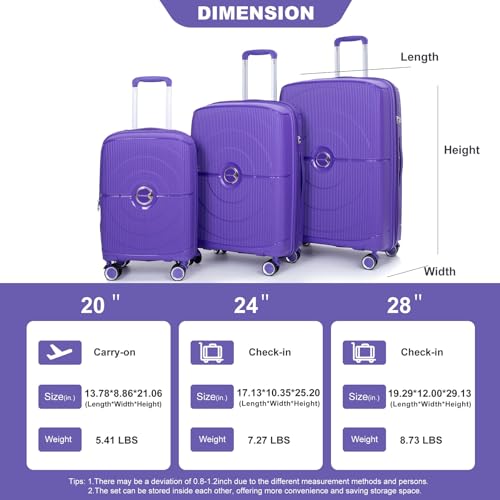 Luggage Sets 3 Piece, Expandable Hardshell Suitcase Double Spinner Wheels PP Luggage Sets Lightweight Durable Suitcase with TSA Lock Carry On Travel Luggage (20/24/28), Purple3