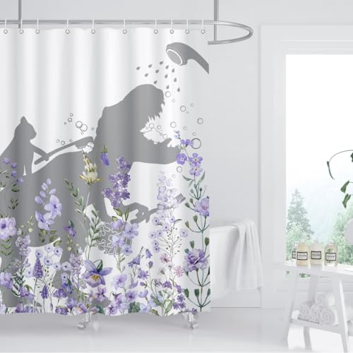 Image of Cat Dinosaur Shower Curtain Funny Cat Help Dino Bathe Behind Purple Wildflowers Blossom Trex Silhouette Shadow for Kids Bathroom Decor Waterproof Polyester Fabric 72Lx72W Inch with Hooks
