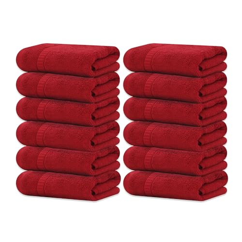 GOLD TEXTILES 100% Cotton Washcloth - 12 Pack | 13x13 inches | Red - Ultra Soft, Highly Absorbent, Long Lasting and Quick Drying - Hotel & Spa Collection Cool Feel Fingertip Towels (12, Red)