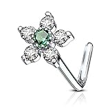 FIFTH CUE 20G 6 CZ Flower Top 316L Surgical Steel L Bend Stud Nose Ring (Emerald)