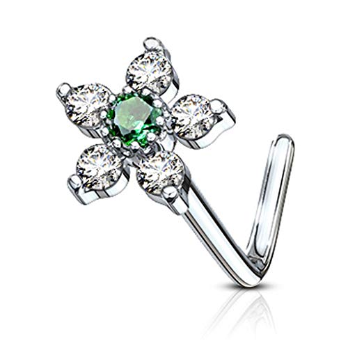 20G 6 CZ Flower Top 316L Surgical Steel L Bend Stud Nose Ring (Emerald)