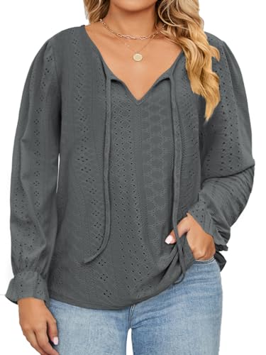 DOLNINE Plus Size Tops for Women V-Neck Puff Long Sleeve Eyelet Drawstring Shirts