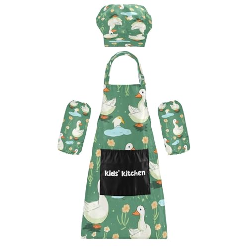 Bulletgxll Cartoon Ducks Kids Apron and Chef Hat Set Adjustable Bib Aprons with Pockets for Cooking Baking Painting
