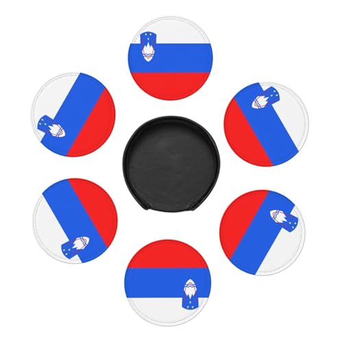 Lot de 6 Dessous de Verre Ronds en Cuir avec Drapeau de la Slovénie, résistants aux Taches de Chaleur, en PU avec Support de Rangement, idéaux pour la Salle à Manger, la Cuisine ou Le Bureau
