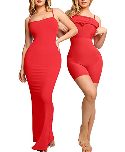 Popilush Shapewear Dress Womens Summer Long Dresses Built-in Bra Slip Bodycon Maxi Dress with Adjustable Straps Red