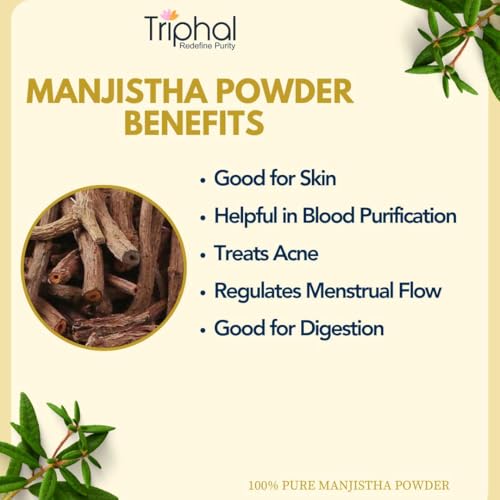 TRIPHAL Manjistha Powder 100g | 100% Pure & Edible Grade Manjishtha | Ayurvedic Skin Cleanser for Glowing Skin | Helps with Acne, Rashes & Detox | Non-GMO, Preservative-Free