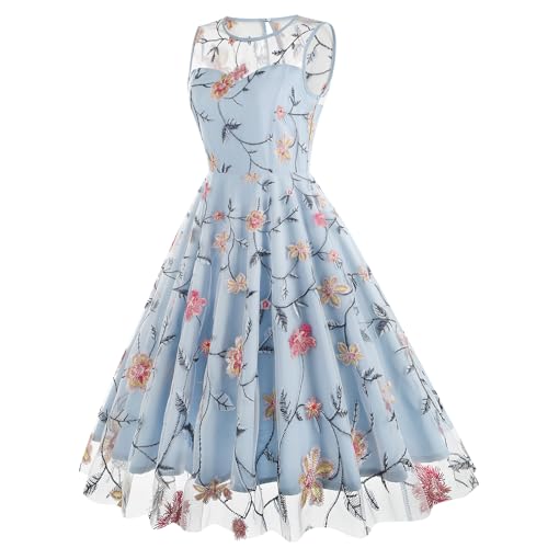 Image of Tulle Embroidery Floral Dress for Women Sleeveless Mesh Flower Embroidered Tulle Prom Dress Summer Wedding Tea Party Dress