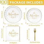 100Pcs The Adventure Begins Paper Plates and Napkins Engagement Party Supplies Bridal Shower Party Disposable Dessert Plate Rehearsal Dinner Tableware for 25 Guests Travel Elegant Party Decorations - Image 2