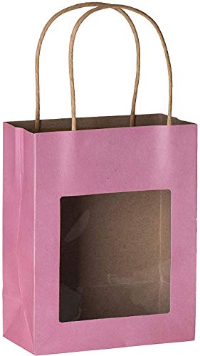 Hammont Paper Bags with Handles – Pink Gift Bags Bulk Medium Size 200 Pack Paper Craft Bag – Kraft Bags with Window - Transparent Gift Bags - Party Favor Gift Bags for Kids - 7.75