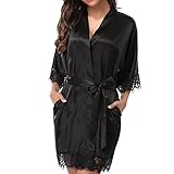 Bademantel Damen, Morgenmantel Sommer Satin Kimono,Nachthemd Spitze mit Taschen Kurz Robe mit Gürtel Blumenspitze Nachtwäsche Sleepwear für braut nachtwäsche (as3, alpha, s, regular, regular, Schwarz)