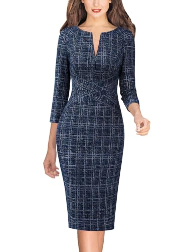 Image of VFSHOW Womens Work Business Office Zipper Up Slim Bodycon Sheath Dress | 3 /4 Sleeve, Crew Neck, Front Zipper, Crisscross Waist, Church Spring Fall Pencil Dress