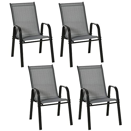 Outsunny Juego de 4 Sillas de Jardín Exterior Sillas Terraza Exterior Apilables Sillón de Comedor con Tela Transpirable Marco de Metal Reposabrazos y Respaldo 54x75,5x95 cm Gris Oscuro