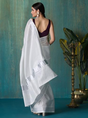 Image of DhevStylish Women's Kerala Kasavu Golden Tissue Plain South Indian Saree with Running Blouse | Saree length: 6.25 Meters | Onam & Wedding saree collections