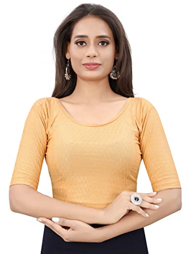 Image of Round Neck Dobby Cotton Lycra Stretchable Elbow Sleeve Readymade Saree Blouse for Women Stylish