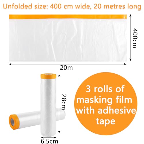 FWEEK 3 Rollen Abdeckfolie Klebeband mit Folie, 400cm(Ungefaltet) x20m Malerfolie mit Klebeband, Selbstklebende Malerfolie Abklebeband mit Folie Goldband für Malerarbeiten und Staubschutz