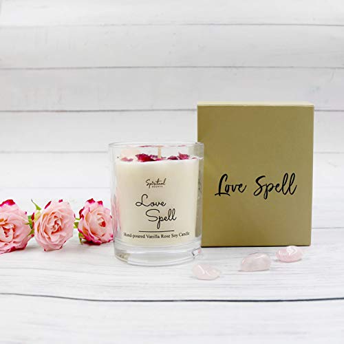 Spiritual Scents Love Spell Vanilla Rose Scented Soy Wax Candle with Dried Petals and Rose Quartz/Manifest Love/Attract SELF-Love, Friendship, Peace, Love