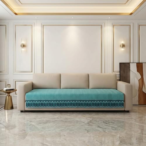 Image of Velvet Quilted Sofa Cover Mat Seat & Back, 3+2 Set, Total L115in H32in (3+2), Italian Blue Color,Anti Skid Backing, 6in Hanging Strap Design, Washable, Style -ItalianBlue-S32