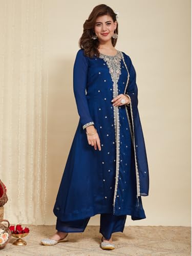 Image of MOKOSH Women's Silk Embroidery Anarkali Kurta Pant with Dupatta | Anarkali Kurta Set | Round Neck Full Sleeve Ethnic Suit | Indian Kurta Outfit with Pant | 3 Piece Outfit
