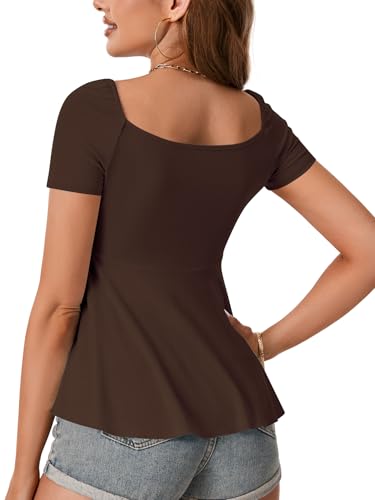 Image of Rooscier Women's Ribbed Knit Sweetheart Neck Tops Cute Drawstring Ruffle Short Sleeve T Shirts