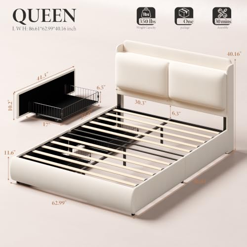 Image of Garvee Chenille Fabric Queen Size Bed Frame with 2 Storage Drawers - Beige