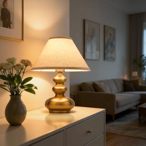 Brass Gold table lamp, 13.78" Modern Nightstand Lamp with Linen Shade, Vintage Gourd Base Desk Lamp for Kitchen Counter, Bedroom, Nightstand, Desk Lighting, Bookshelf, Living Room, Kids Dorm