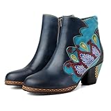 CrazycatZ Bottines en cuir à talon bloc pour femme Motif floral, bleu marine, 38 EU