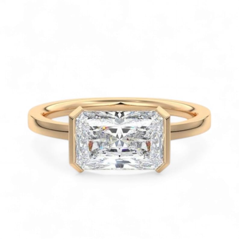 3 CT East West Radiant Cut Moissanite Engagement Ring, 14K Yellow Gold Solitaire, Half Bezel Set Anniversary Ring, Stunning Wedding Ring for Her
