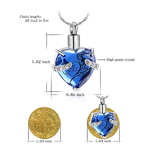 Constantlife Crystal Heart Shape Cremation Jewelry Memorial Urn Necklace For Ashes, Stainless Steel Ash Holder Pendant Keepsake With Gift Box Charms Accessories For Women (Blue-Silver) #TOP1