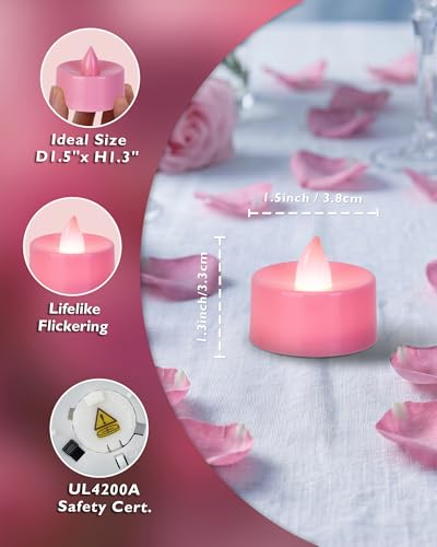 Image of Homemory Pink Tea Lights Candles Battery Operated, Flickering Flameless LED Votive Candles, Pure White Tealights for Bridal Shower, Girl Baby Shower, Valentine's Day, Romantic Decor, 50-Pack