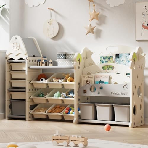 Image of Pipleo Kids Toy Storage Organizer with 17 Removable Bins, 4-Tier Bookshelf for Kids, Multi-Purpose Castle-Shaped Toy Organizer for Playroom, Bedroom, Nursery, Living Room (Cream)