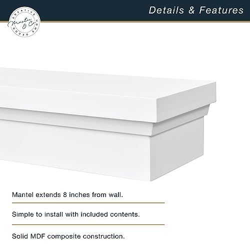 Image of MCS 72-Inch Mantel, Master & Co White Finish Solid Wood Floating Fireplace Mantel, Long Floating Shelf for Livingroom with Wood Cleat Hanging System, Photo and Home Decor Display Shelf