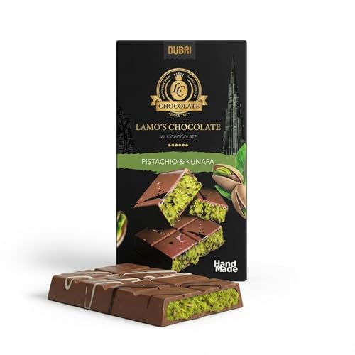 LAMO’S – Chocolate de Dubái con Pistacho (37%) y Kunafa Crujiente 200 g | Chocolate con Leche Suizo | Elaborado artesanalmente en Dubái | Dubai Signature | Regalo Gourmet (200G)
