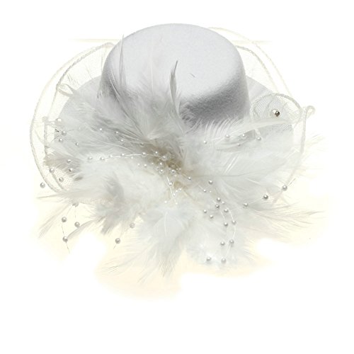 FACILLA® White Feather Hair Clip Mini Top Lace Beads Hat Fascinator Cocktail Party Women