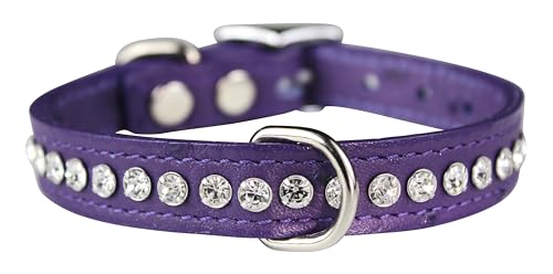 Image of Signature Leather Crystal Dog Collar, African Violet Ostrich Grain Leather, Fits 6 inch-8 inch Neck Size, 10 inch Overall Length