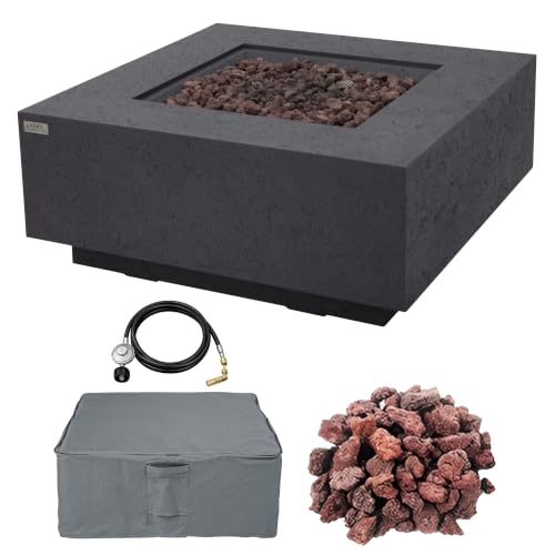 Image of AMS Creations | Brooklyn 40 inch Square Natural Gas Outdoor Fire Pit Table | Dark Gray Concrete GFRC Limestone Texture Surface Fire Pit Table